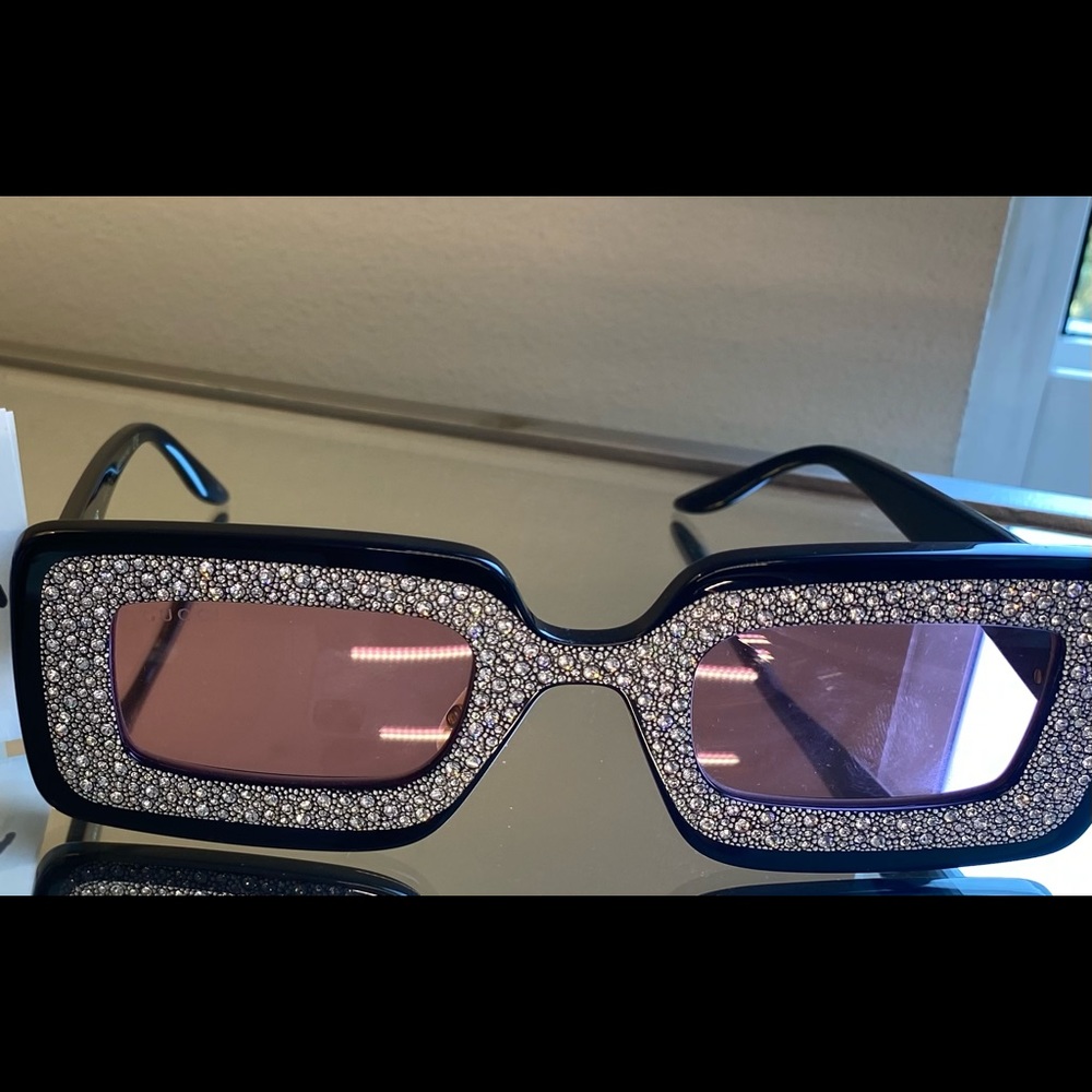 New Gucci Black Embellished Rectangular Frame Sunglasses - Picture 11 of 15